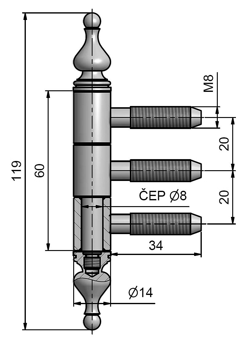 Okenní závěs třídílný 14x60 UR50 M8x34,5  9757