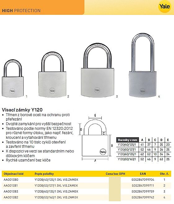 YALE Y120B/50/127 visací zámek