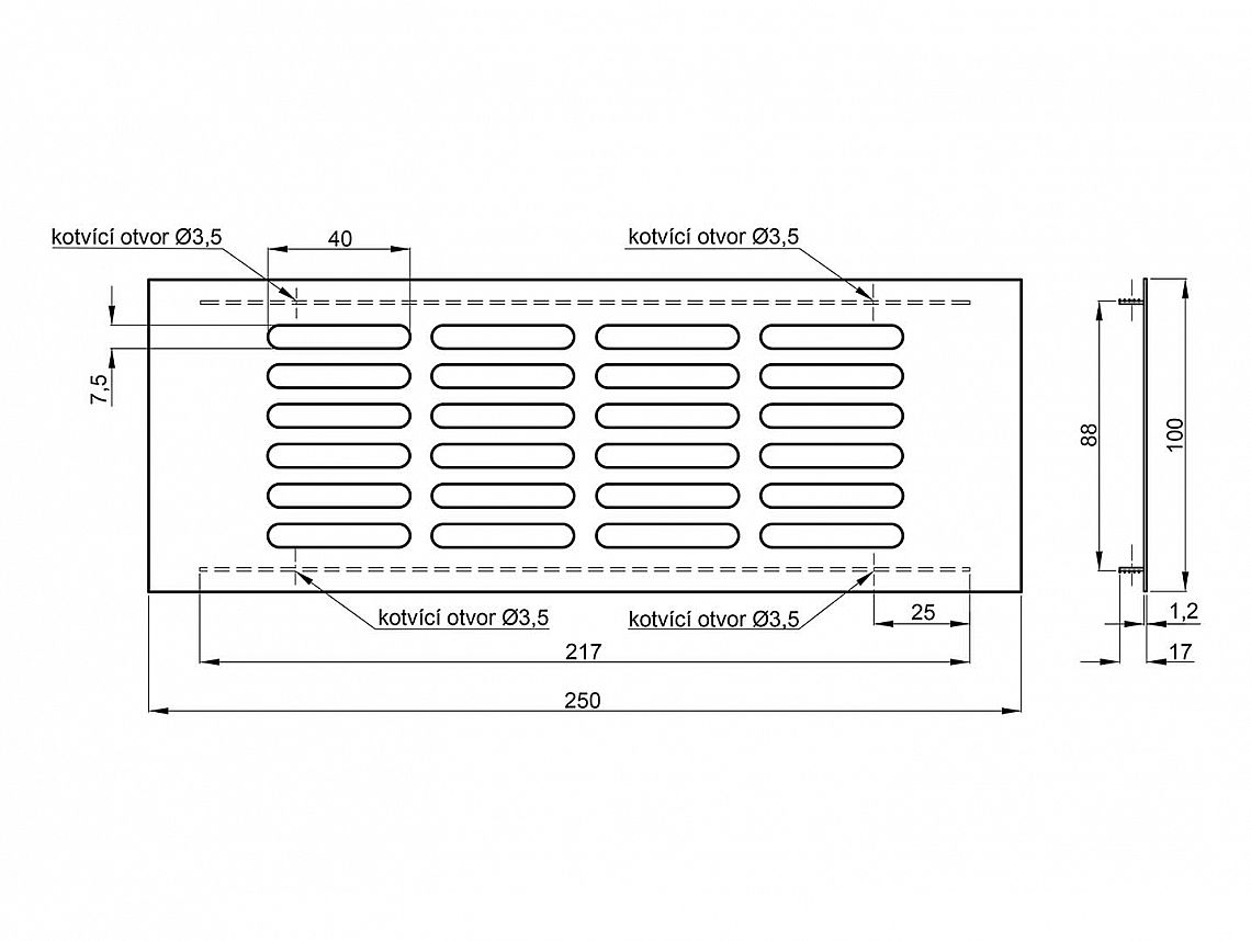 Větrací mřížka výška 100mm imitace nerez/broušený hliník
