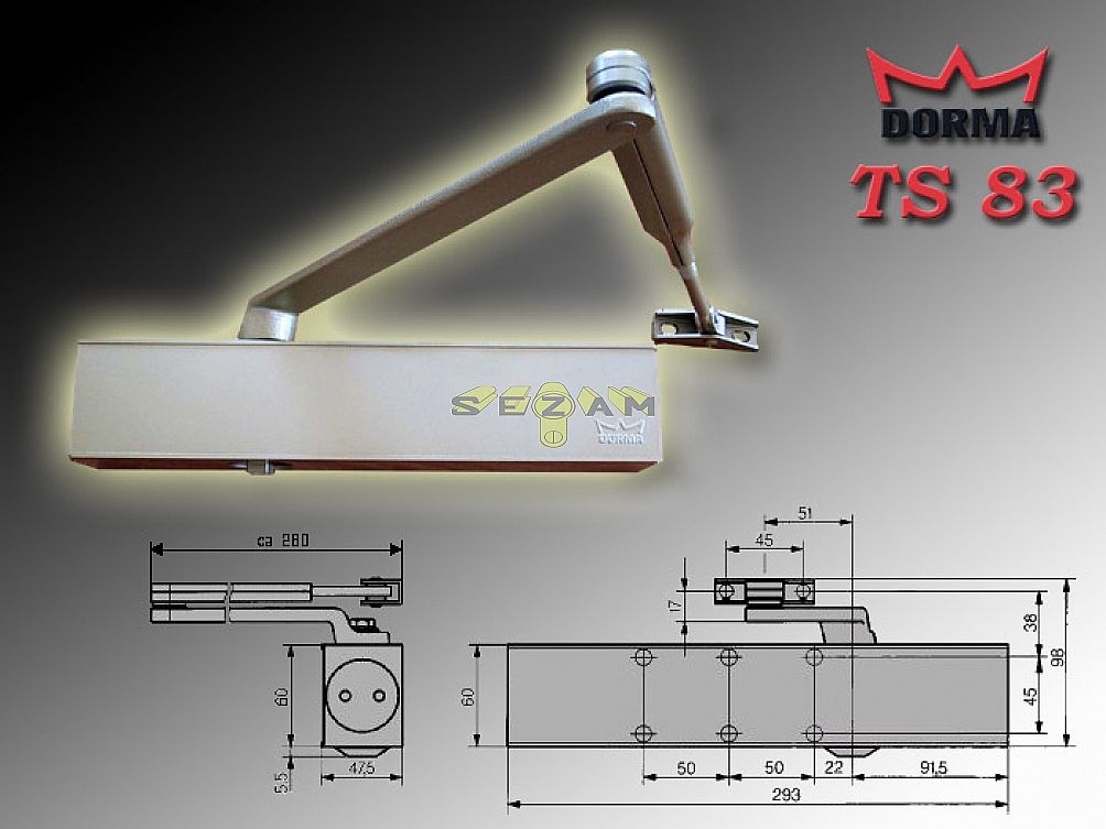 DORMA TS83  STŘÍBRNÁ (EN 7) 150kg 160cm zavírač s ramenem