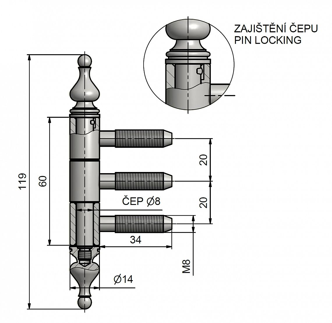 Okenní závěs třídílný 14x60 UR50 M8x34,5  9757