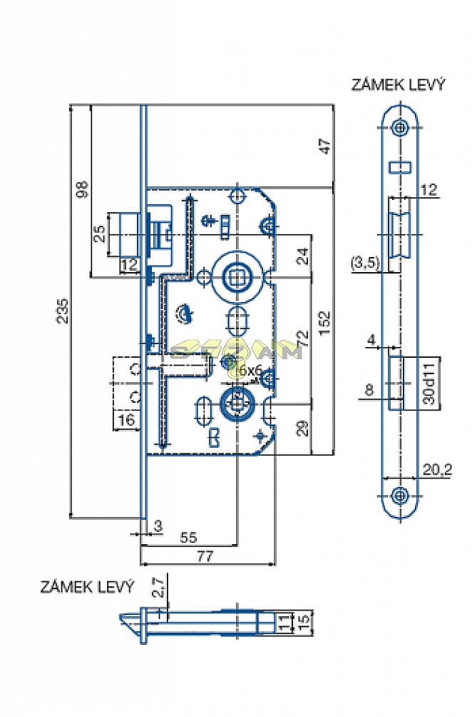 K 222 zadlabací zámek WC rozteč 72, hloubka 77