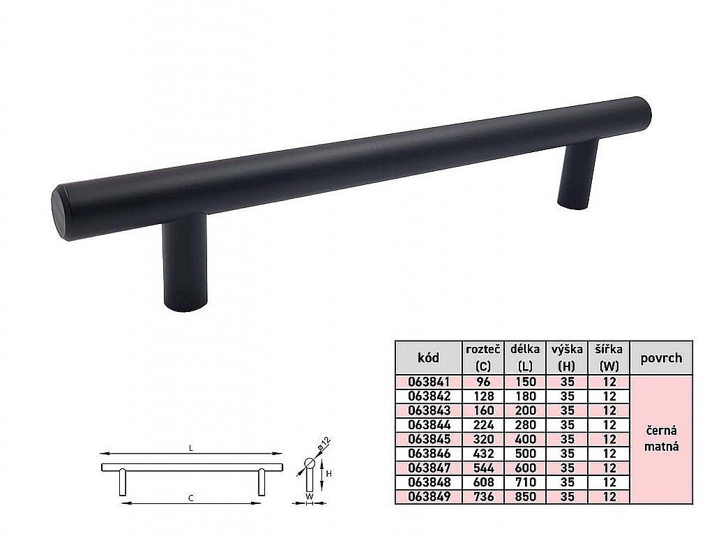 HRAZDA úchytka 12/608/710 mm ČERNÁ MAT