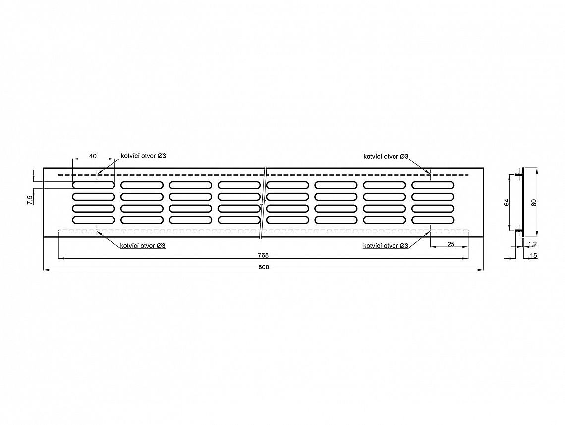 Větrací mřížka 80x250mm broušený Hliník – imitace Nerez