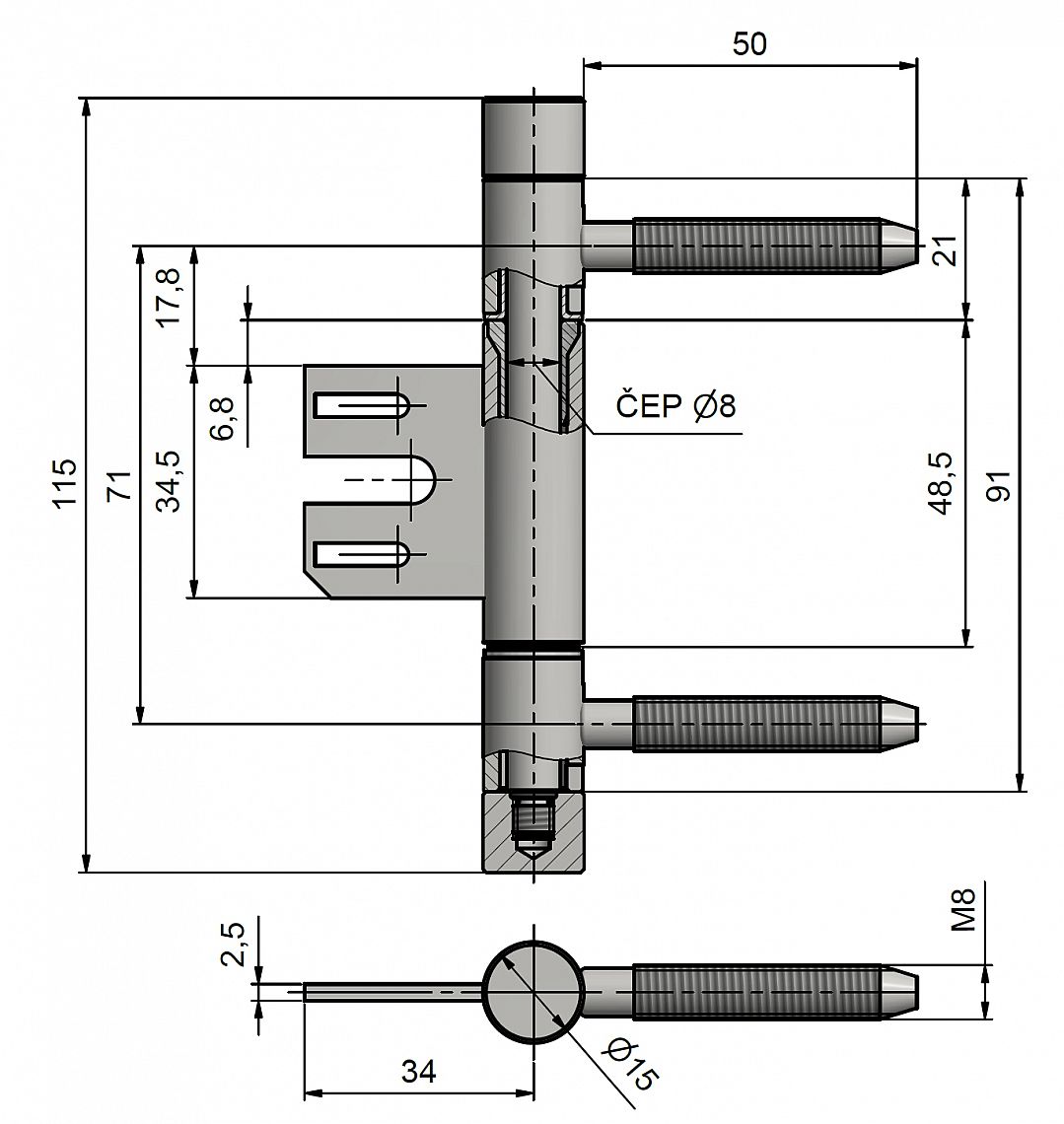 Závěs dveřní třídílný 15x90 M8 OZ 34 TUKAN  9779