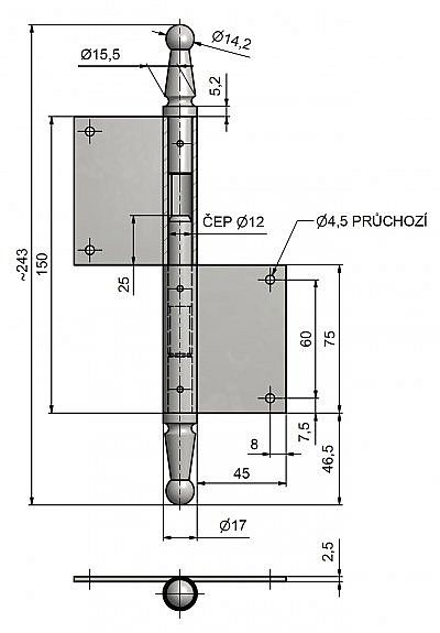 Dveřní závěs 150 UR14 čep 12mm