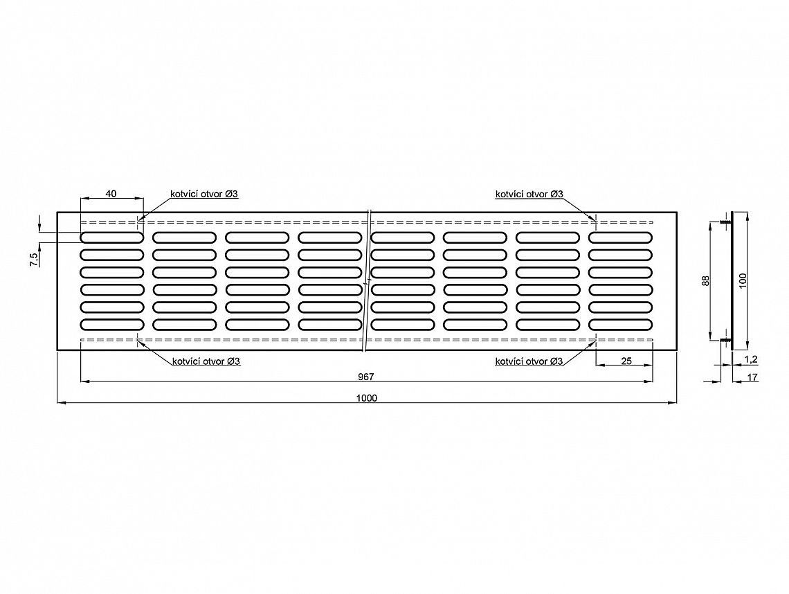 Větrací mřížka výška 100mm imitace nerez/broušený hliník