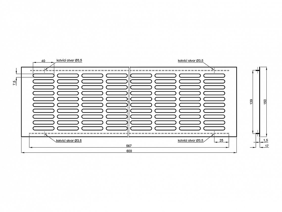 Větrací mřížka 150x600mm F9 Titan