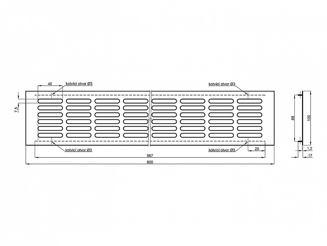 Větrací mřížka výška 100mm imitace nerez/broušený hliník