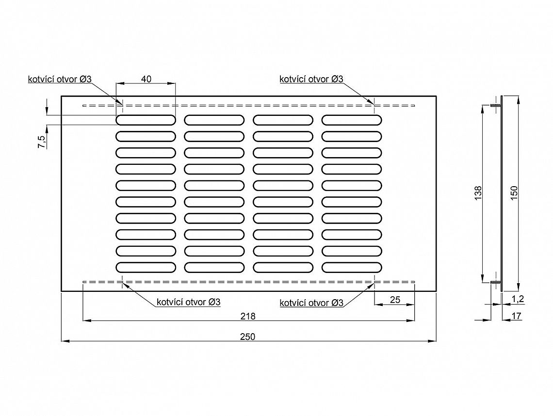 Větrací mřížka výška 150mm imitace nerez