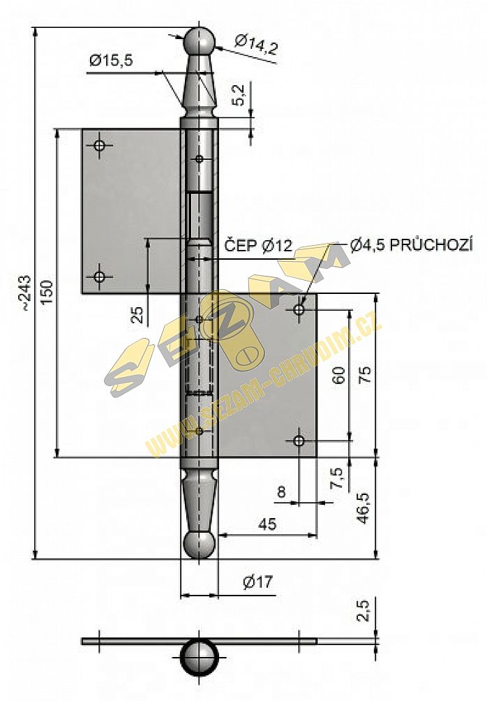 Dveřní závěs 150 UR14 čep 12mm